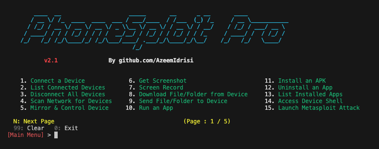 PhoneSploit Pro main dashboard showing device connection and menu options