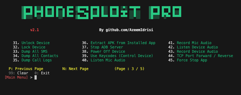 PhoneSploit Pro data extraction module showing file manager and data dump options